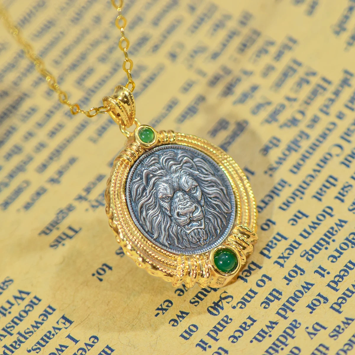 18K Gold Necklace Ancient Coin Pendant Round Lion Head & Bird AU750 Yellow Gold Pendant Women's Fine Jewelry