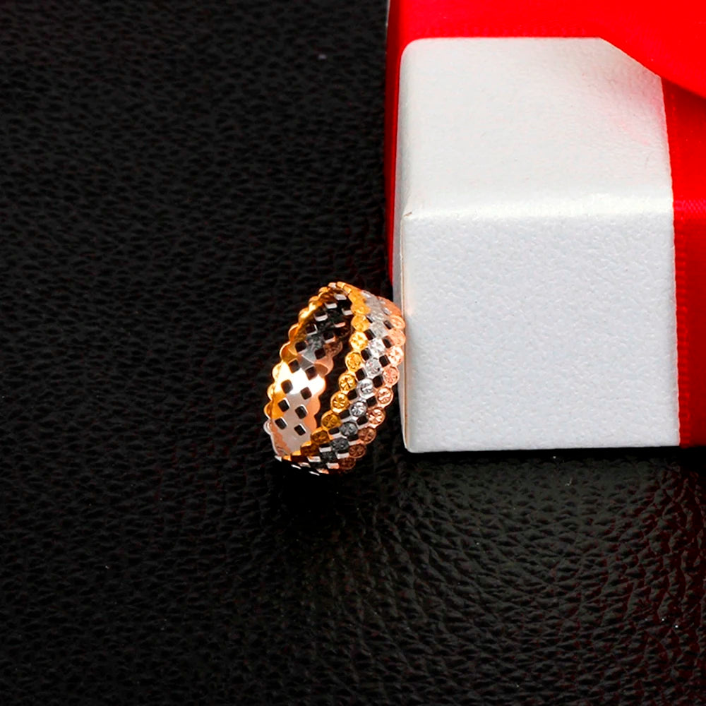 Au750 Real Pure 18K Multi-Tone Gold Ring Three Rows Round Carved Full Star Band Ring Women Lucky Gift US Size 5-8
