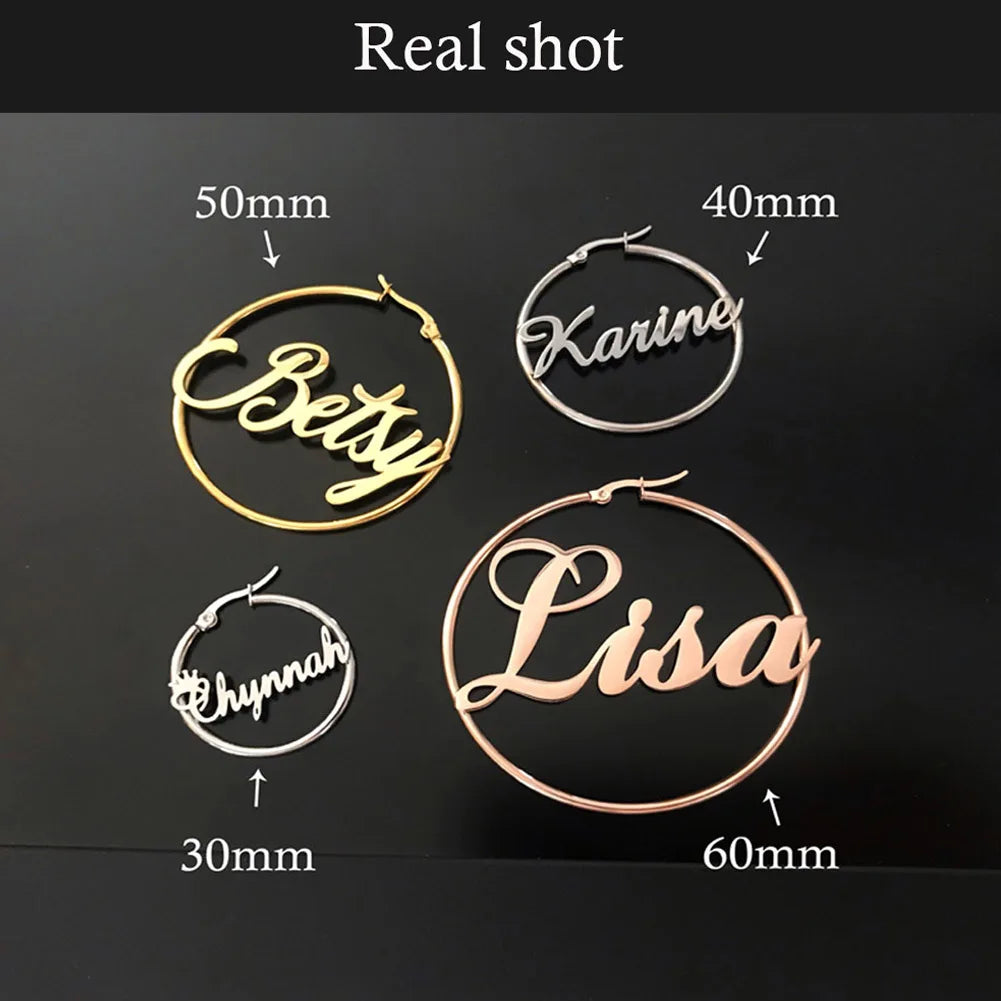 Lucktune Custom Name Hoop Earrings Stainless Steel Personalized Letter Nameplate Circle Earrings for Women Fashion Party Jewelry
