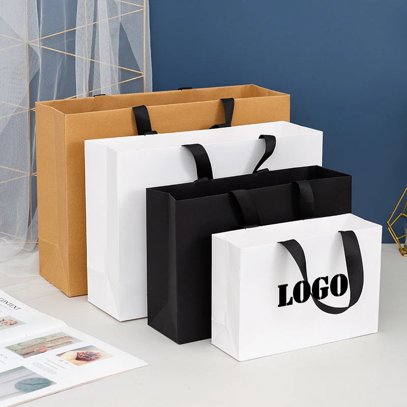 5Pcs High Quality Custom Logo Gift bag Shopping bags For Small Business Packages Personization Wig Clothing Package Kraft Bags