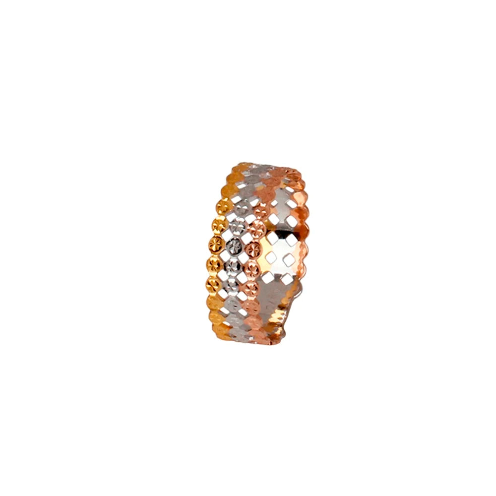 Au750 Real Pure 18K Multi-Tone Gold Ring Three Rows Round Carved Full Star Band Ring Women Lucky Gift US Size 5-8