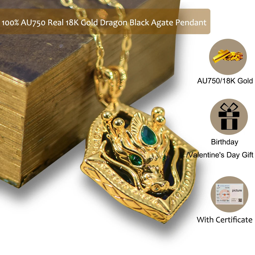100% Real Gold 18k Natural Agate Necklace For Women Dragon Head Pendant Au750 Pure Original Gold Jewelry With Certificate