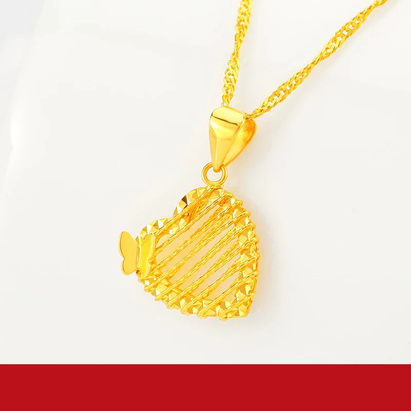 24K Pure Gold Pendant Real AU 999 Solid Gold Charm Beautiful Heart Line Classic Fine Jewelry