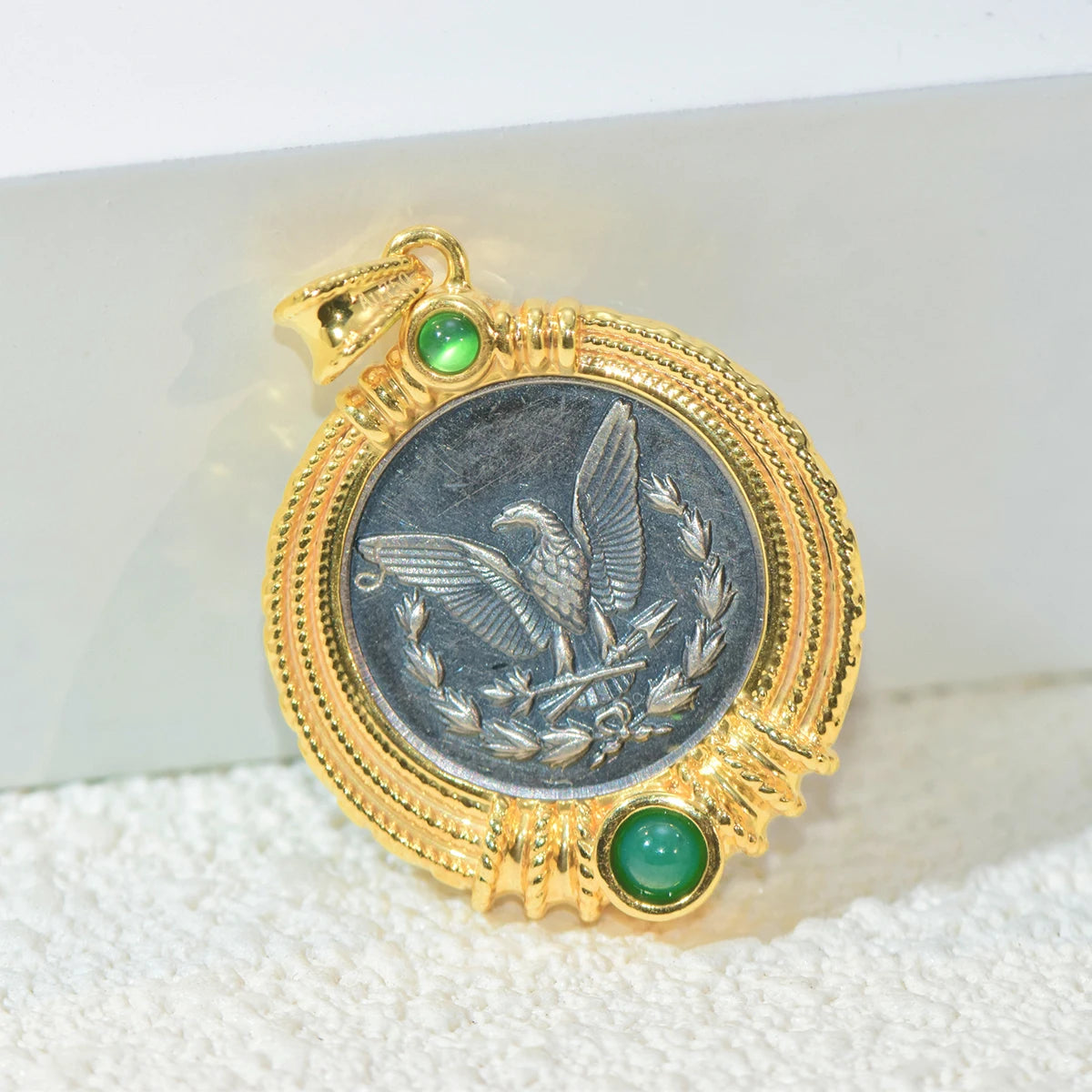 18K Gold Necklace Ancient Coin Pendant Round Lion Head & Bird AU750 Yellow Gold Pendant Women's Fine Jewelry