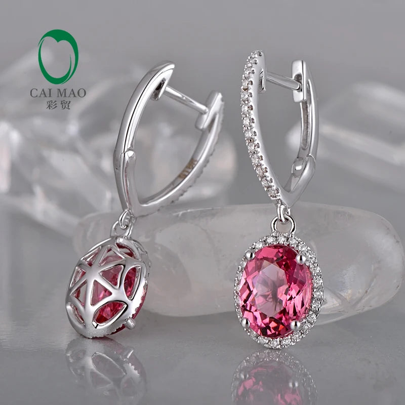 Jewelry 18KT White Gold 6x8mm Oval Cut 2.16ct Pink Tourmaline & 0.30ct Diamond Engagement Earrings