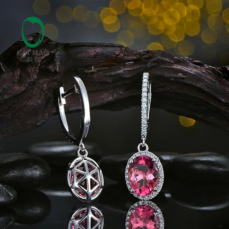 Jewelry 18KT White Gold 6x8mm Oval Cut 2.16ct Pink Tourmaline & 0.30ct Diamond Engagement Earrings