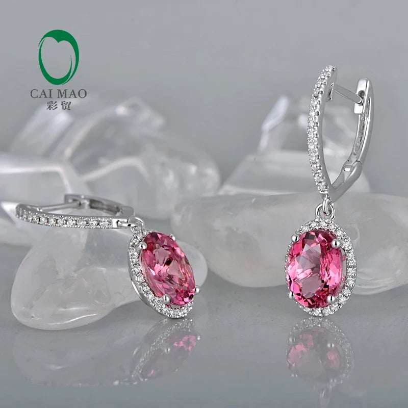 Jewelry 18KT White Gold 6x8mm Oval Cut 2.16ct Pink Tourmaline & 0.30ct Diamond Engagement Earrings