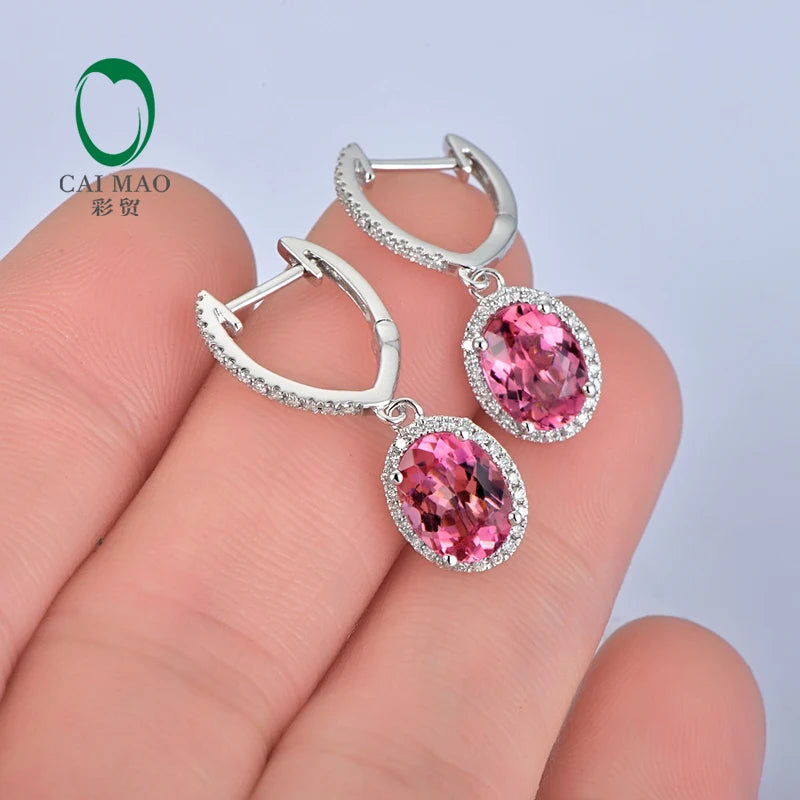 Jewelry 18KT White Gold 6x8mm Oval Cut 2.16ct Pink Tourmaline & 0.30ct Diamond Engagement Earrings