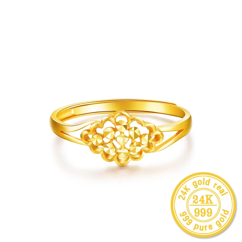24K Gold ring Real solid au999 gold resizable trendy  new hot flowers openings women's tail ring hollow