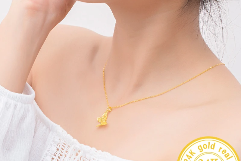 24K Pure Gold Pendant Real AU 999 Solid Gold Charm Beautiful Butterfly Fine Jewelry