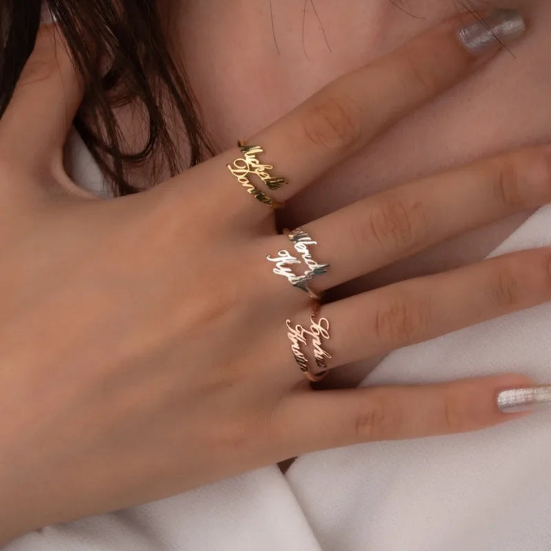 Bague personnalisée avec double nom et écriture manuscrite, cadeau personnalisé pour maman, bijoux en acier inoxydable, bague de couple empilable et réglable pour elle
