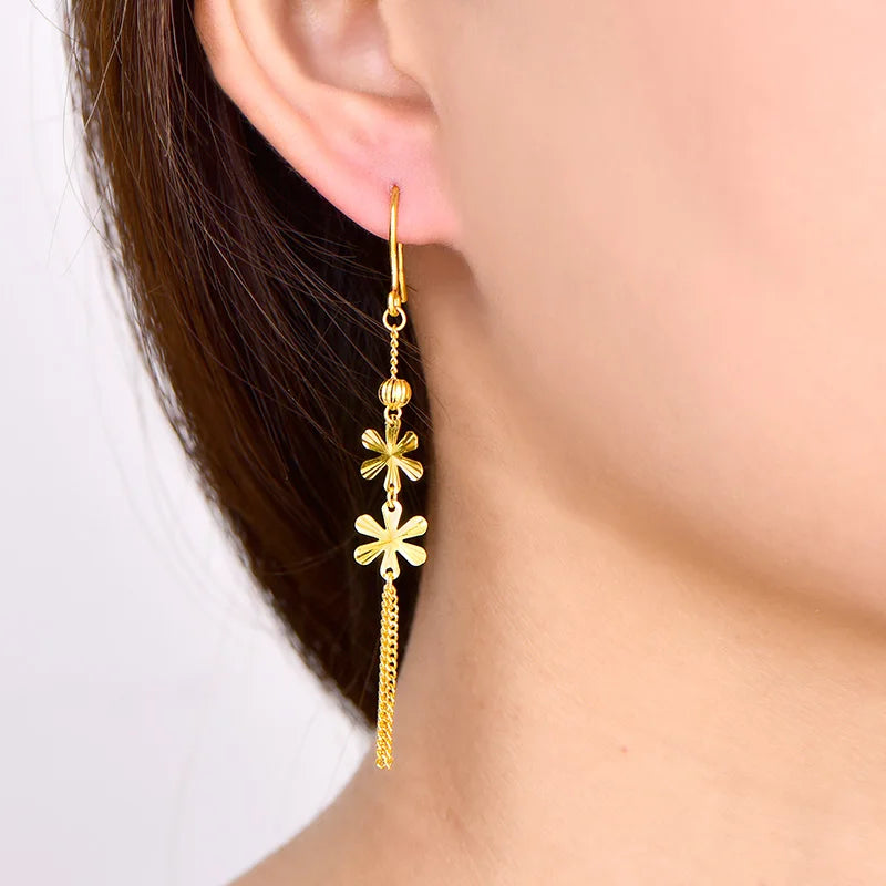 24K Pure Gold Earring Real AU 999 Solid Gold Earrings Nice Good  Tassel Upscale Trendy Fine Jewelry