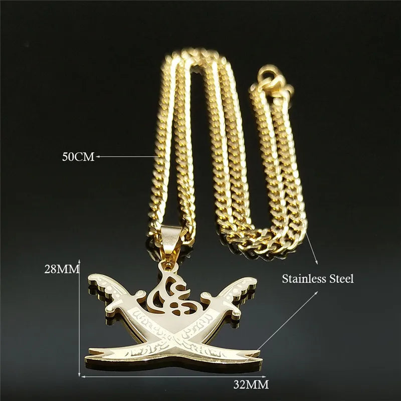 Arabic Retro Imam Ali Sword Muslim Islam Knife Chain Necklaces Stainless Steel Necklace Men/Women Gold Color Jewelry N3435S05