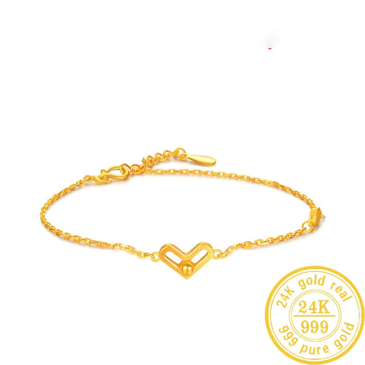 24K Pure Gold Bracelet Real 999 Solid Gold Bangle Heart Beautiful Romantic Trendy Classic Jewelry
