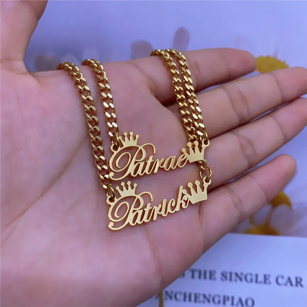 Custom Name Necklace with Crown Stainless Steel Cuban Chain Necklace Custom Choker Gold Necklace Jewelry Valentine's Day Gift
