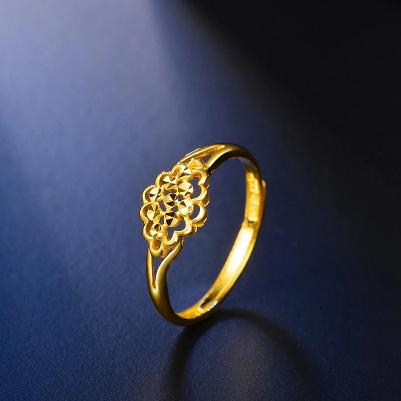 24K Gold ring Real solid au999 gold resizable trendy  new hot flowers openings women's tail ring hollow