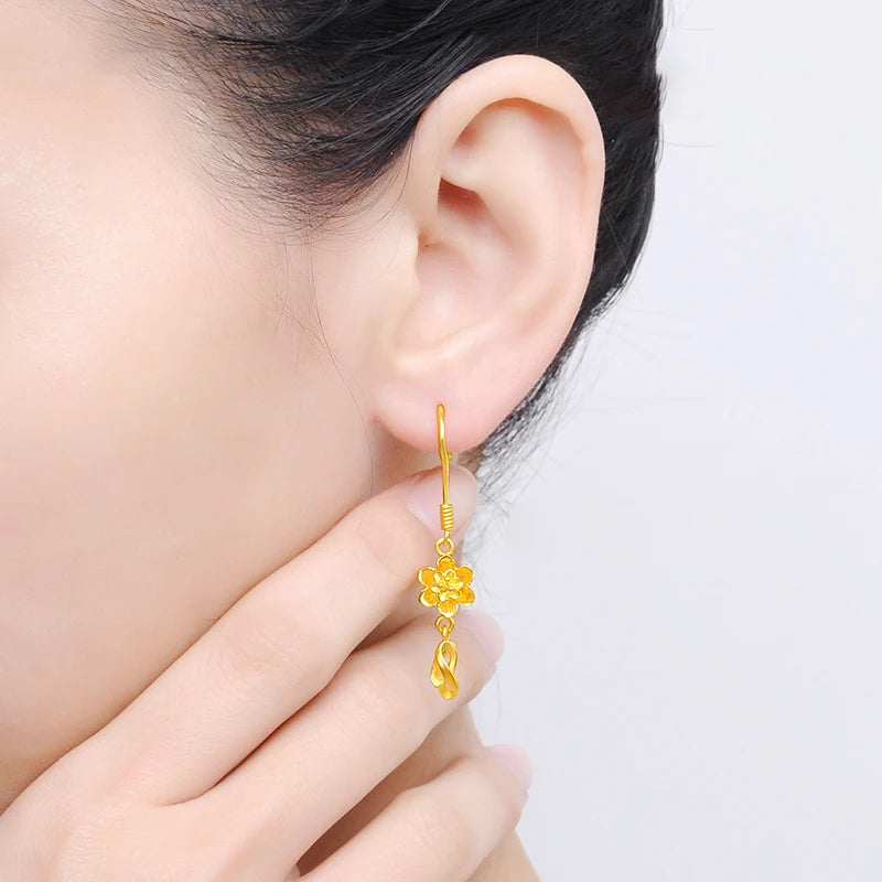 24K Pure Gold Earring Real AU 999 Solid Gold Earrings Nice Tassel Upscale Trendy Fine Jewelry
