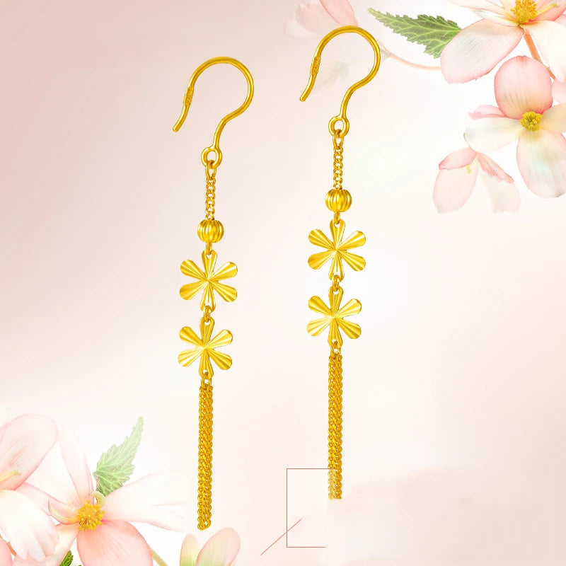24K Pure Gold Earring Real AU 999 Solid Gold Earrings Nice Good  Tassel Upscale Trendy Fine Jewelry