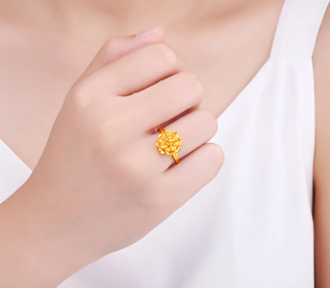 Genuine Pure 999 24K Yellow Gold Ring 3D Women Blooming Flower RING Best Gift US Size:4-8.5