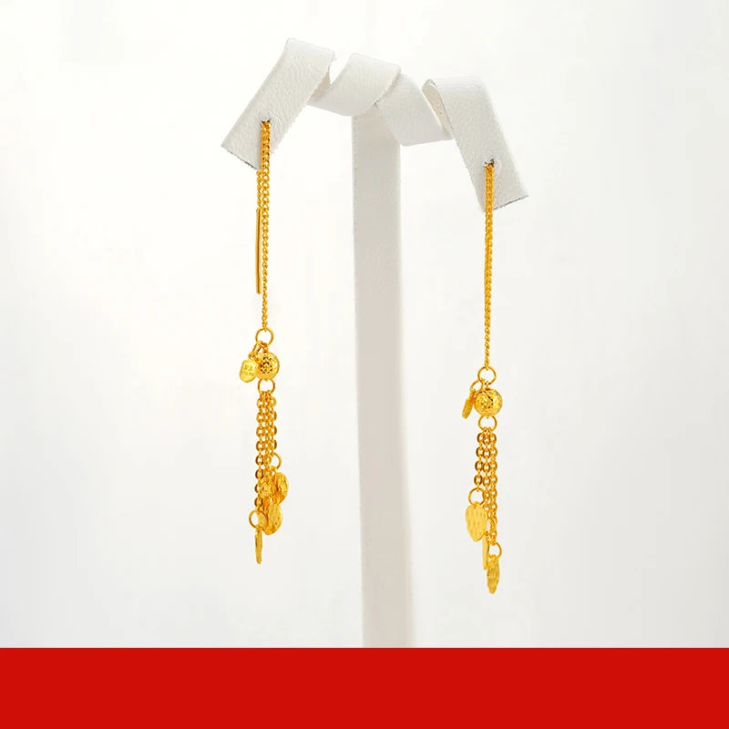 24K Pure Gold Earring Real AU 999 Solid Gold Earrings Nice Good  Tassel Upscale Trendy Fine Jewelry