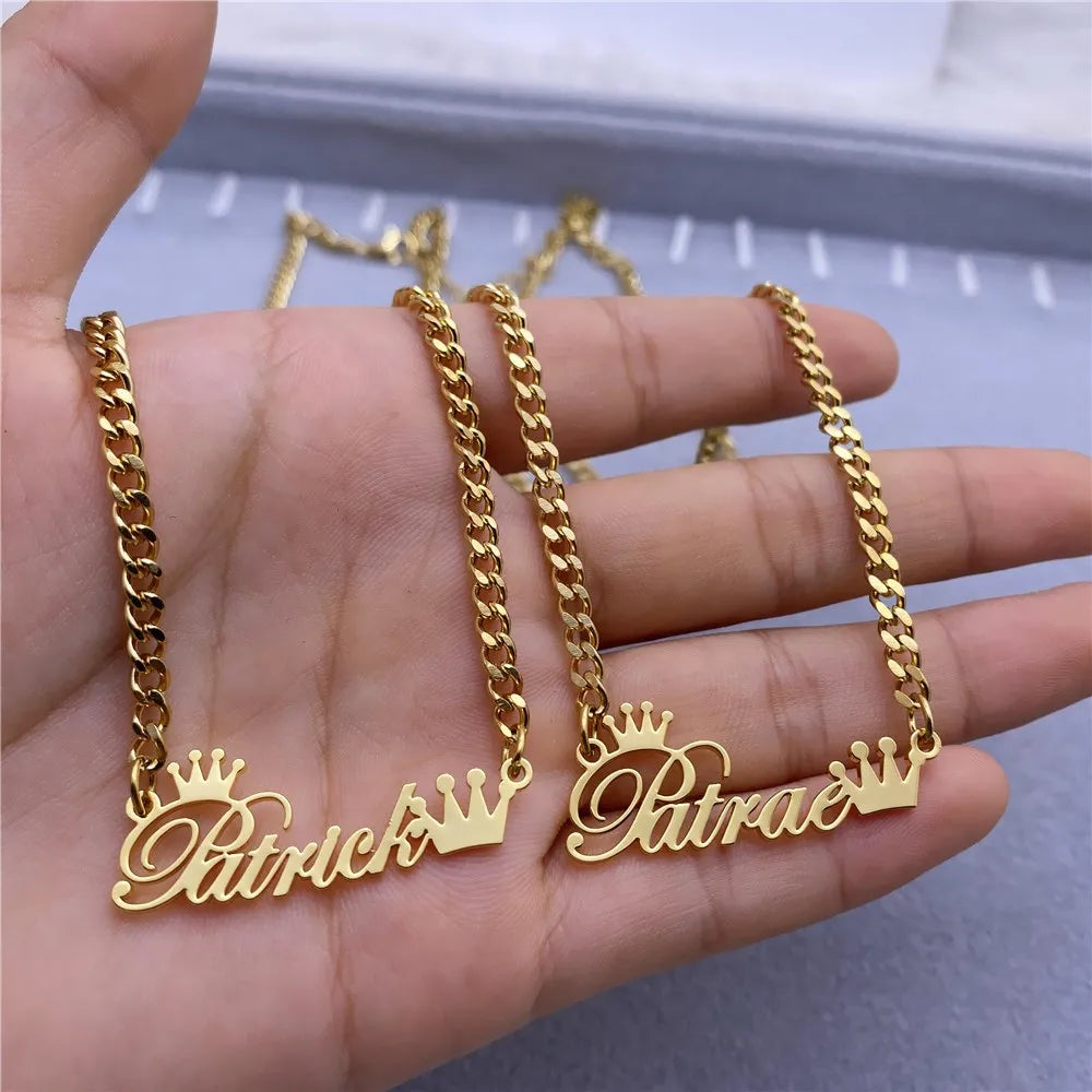 Custom Name Necklace with Crown Stainless Steel Cuban Chain Necklace Custom Choker Gold Necklace Jewelry Valentine's Day Gift