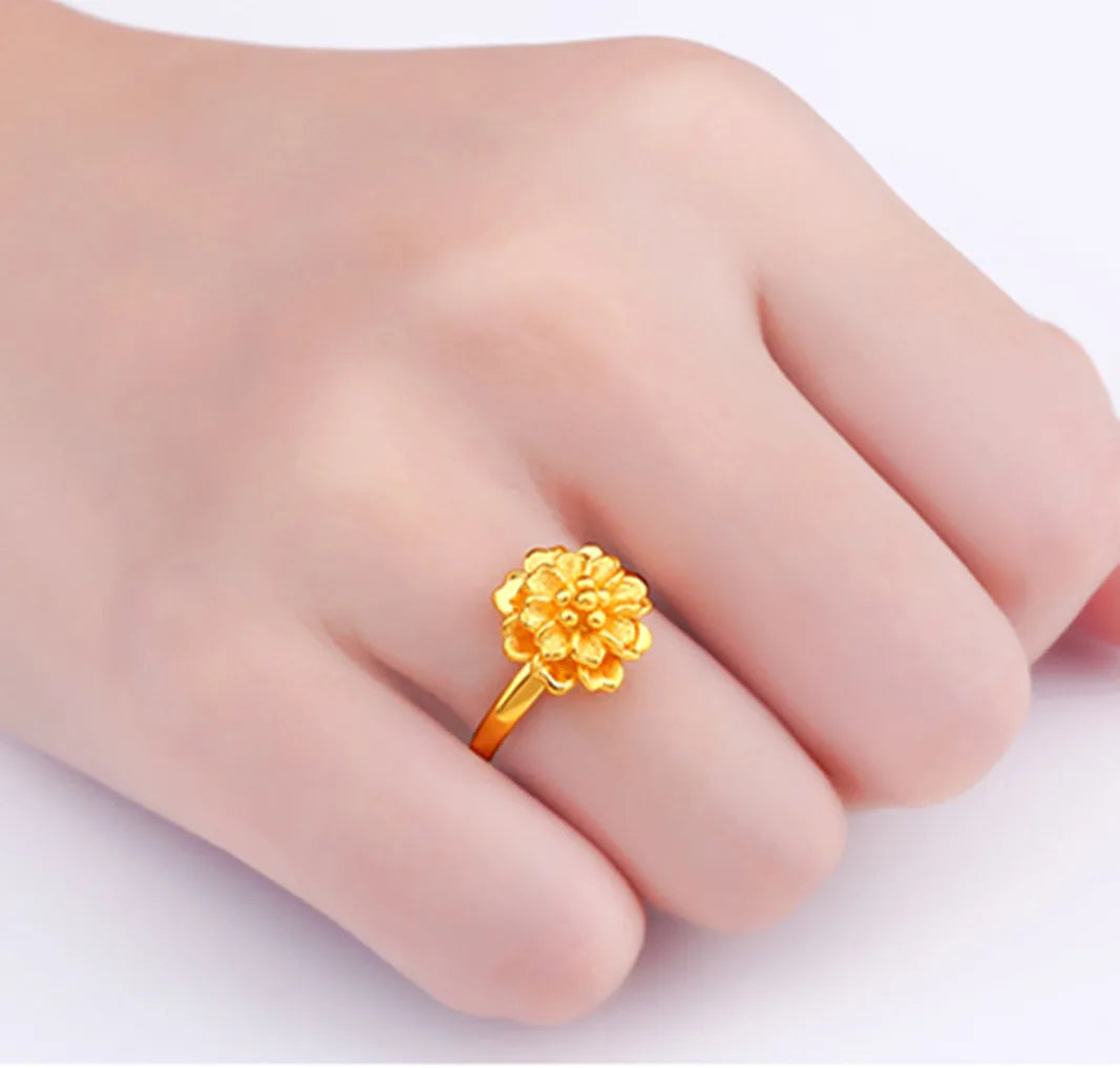 Genuine Pure 999 24K Yellow Gold Ring 3D Women Blooming Flower RING Best Gift US Size:4-8.5