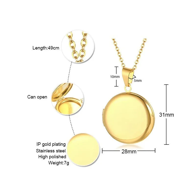 Custom Locket Heart Necklace Pendant Women Photo Picture Engraved Round Circle Stainless Steel Lady Mom Gifts