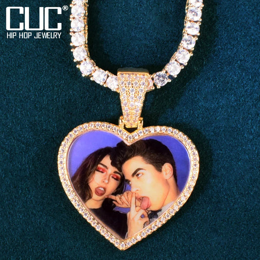 Collier personnalisé en forme de cœur avec photo et pendentif en forme de médaillon, dos solide, une rangée de zircons, pour hommes et femmes, bijoux Hip Hop
