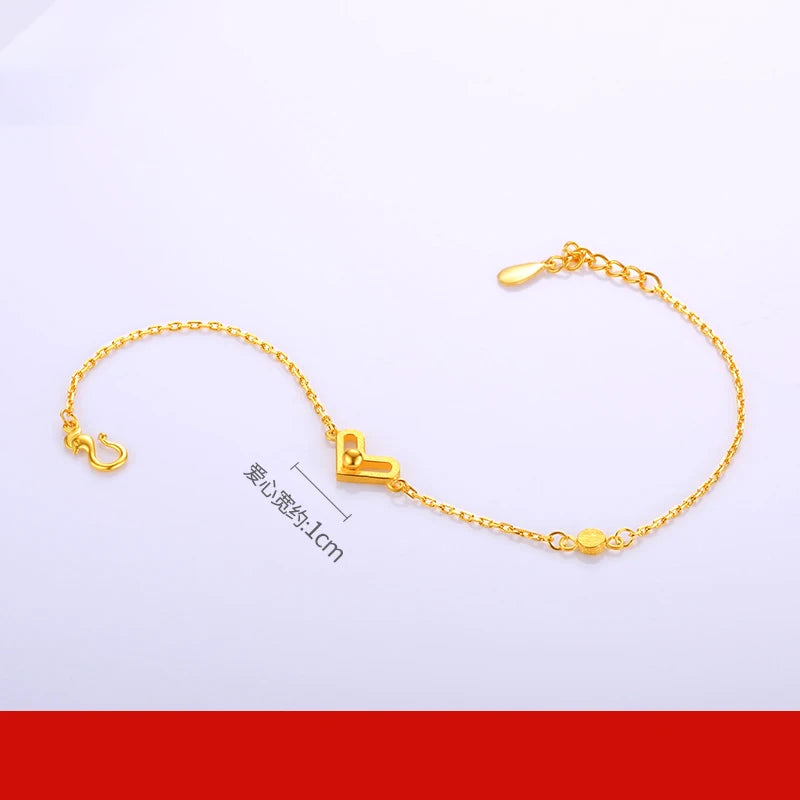 24K Pure Gold Bracelet Real 999 Solid Gold Bangle Heart Beautiful Romantic Trendy Classic Jewelry
