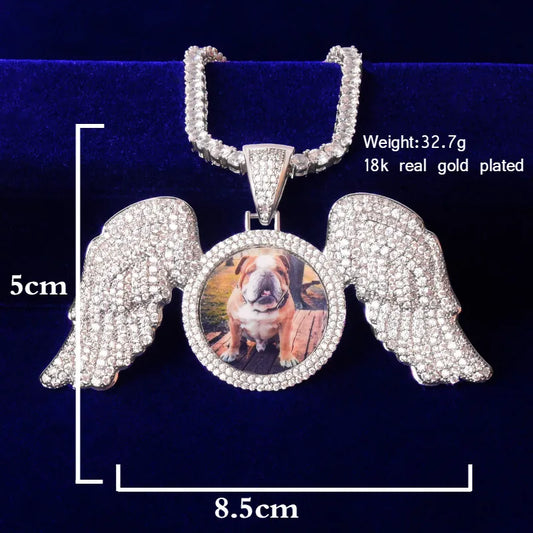 Bubble Letter Solid Back Wing Down Circle Picture Photo Pendant Micro Pave Charm Men's Hip Hop Rock Jewelry