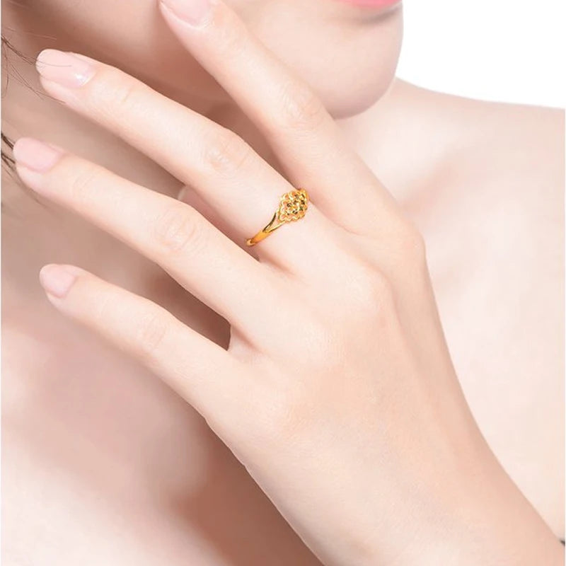 24K Gold ring Real solid au999 gold resizable trendy  new hot flowers openings women's tail ring hollow