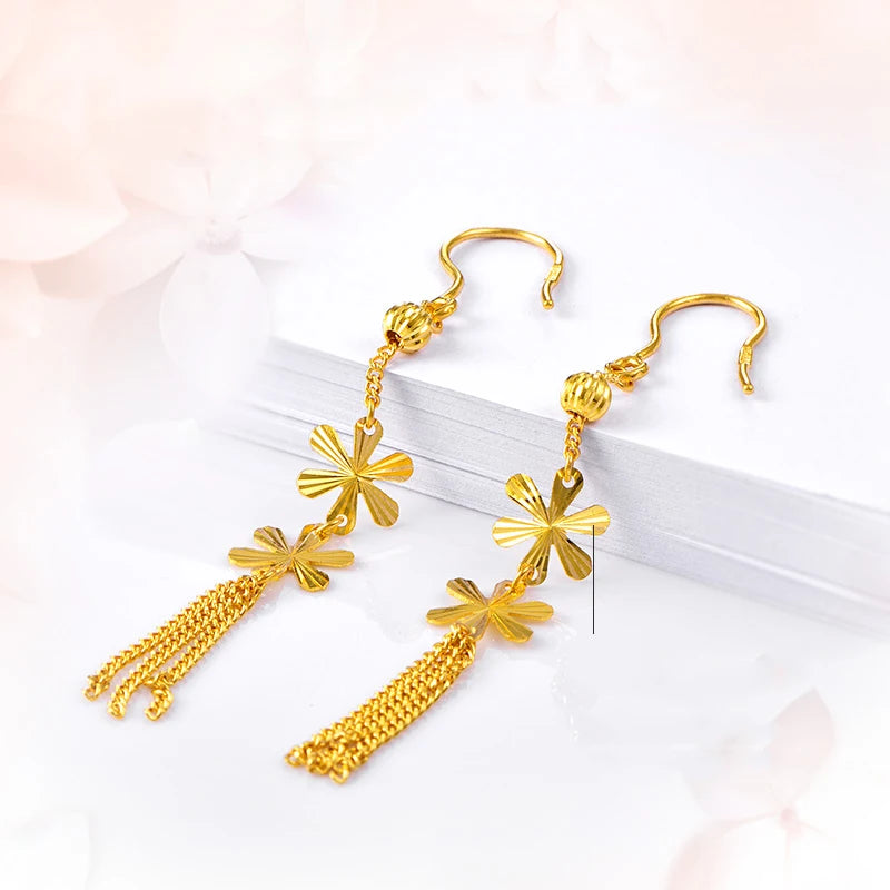 24K Pure Gold Earring Real AU 999 Solid Gold Earrings Nice Good  Tassel Upscale Trendy Fine Jewelry