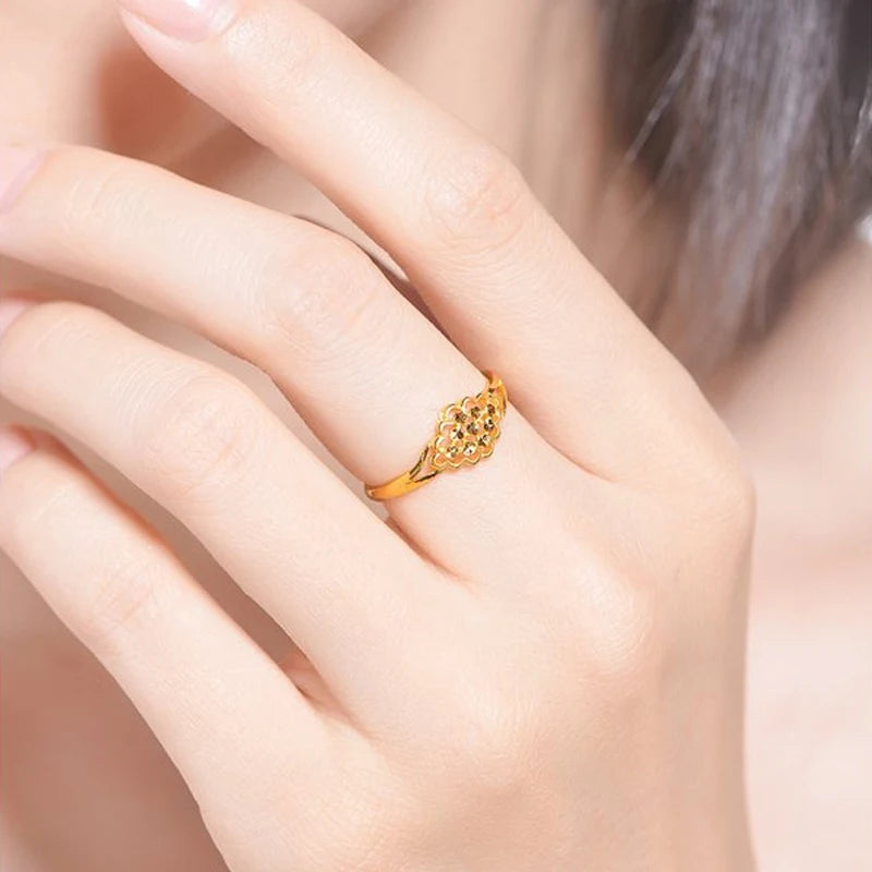 24K Gold ring Real solid au999 gold resizable trendy  new hot flowers openings women's tail ring hollow