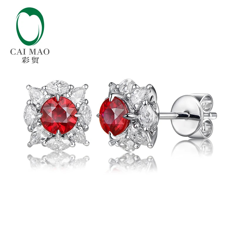 0.69ct Natural Round Red Ruby and Diamonds 18kt White Gold Earrings Studs for Womens