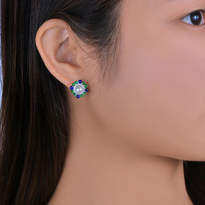 18k White Gold Precious 6mm Round Akoya Pearl With Natural Sapphire Emerald and Diamond Earring Fine Gold Jewelry