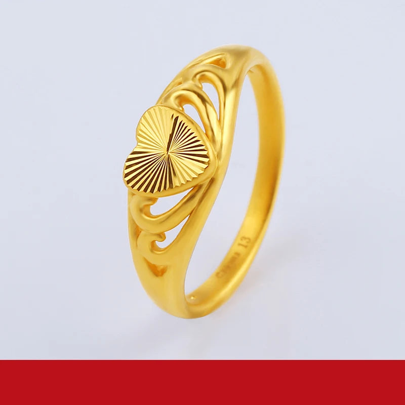 24K Pure Gold Ring Real AU 999 Solid Gold Rings Elegant Shiny Heart Beautiful Upscale Trendy Jewelry