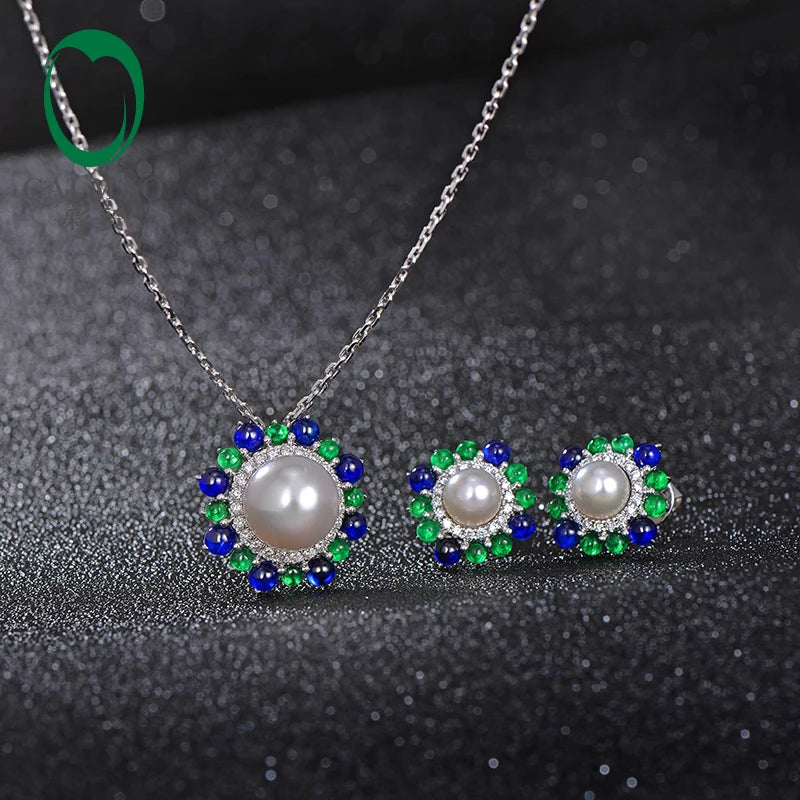 18k White Gold Precious 6mm Round Akoya Pearl With Natural Sapphire Emerald and Diamond Earring Fine Gold Jewelry