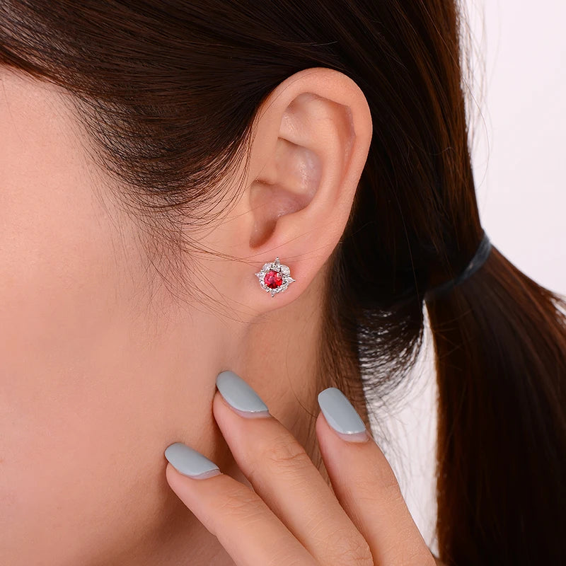 0.69ct Natural Round Red Ruby and Diamonds 18kt White Gold Earrings Studs for Womens