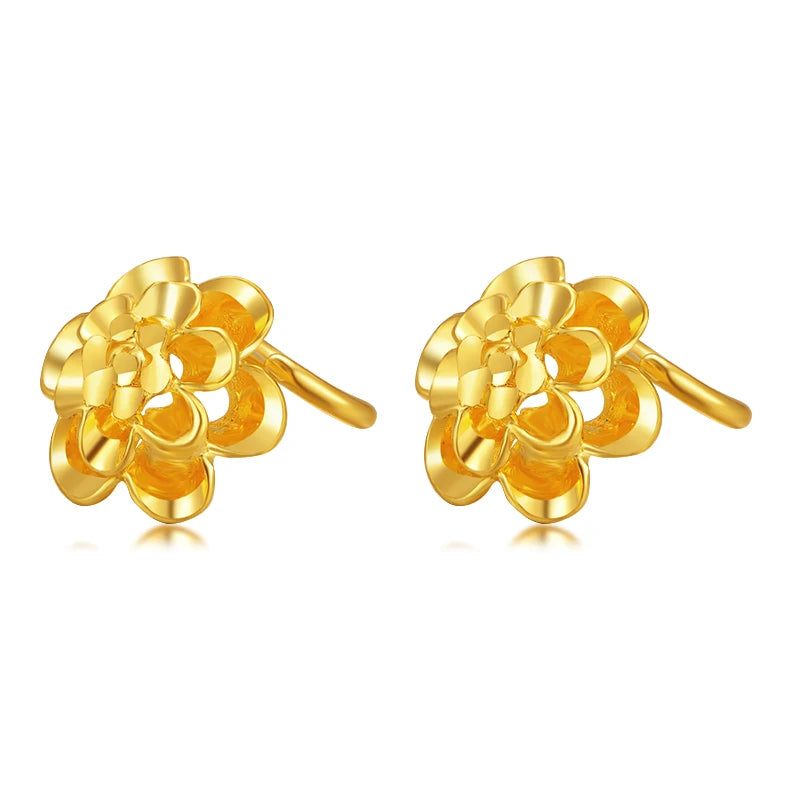 24kPure Gold Flower Shape Stud Earrings Exquisite Hollow Style Beautiful Highlight  Literary Style 999Solid Gold A Pair