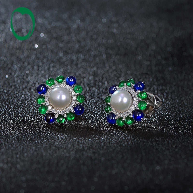 18k White Gold Precious 6mm Round Akoya Pearl With Natural Sapphire Emerald and Diamond Earring Fine Gold Jewelry