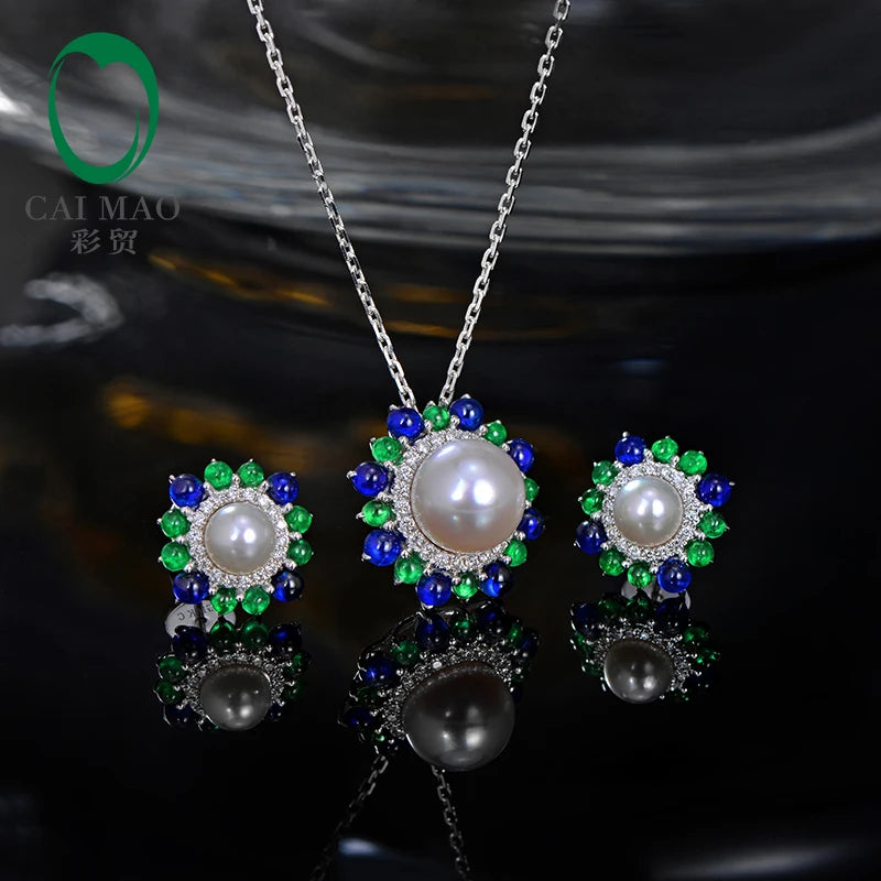 18k White Gold Precious 6mm Round Akoya Pearl With Natural Sapphire Emerald and Diamond Earring Fine Gold Jewelry