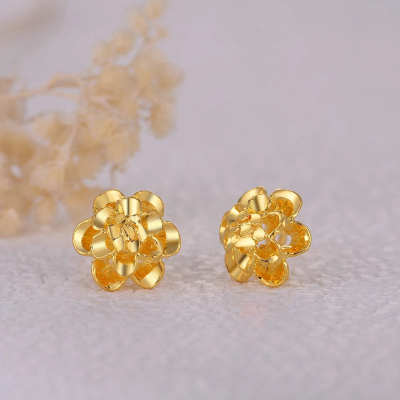 24kPure Gold Flower Shape Stud Earrings Exquisite Hollow Style Beautiful Highlight  Literary Style 999Solid Gold A Pair