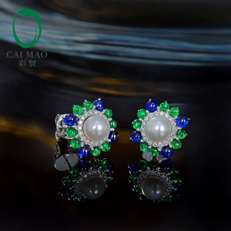 18k White Gold Precious 6mm Round Akoya Pearl With Natural Sapphire Emerald and Diamond Earring Fine Gold Jewelry