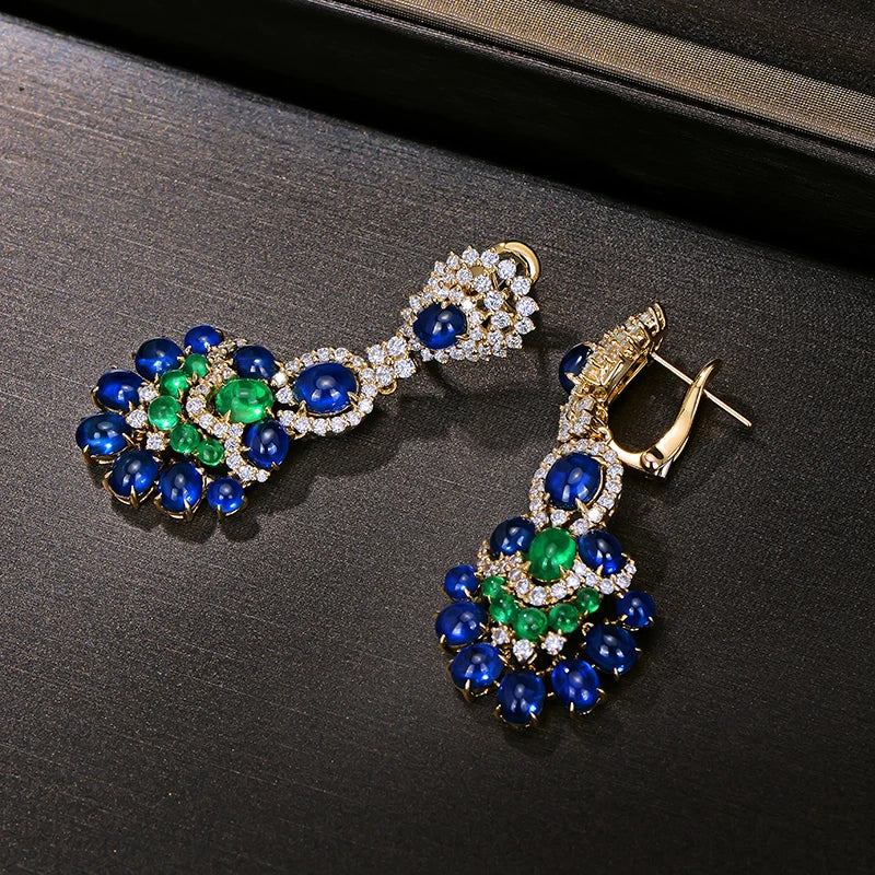 Gorgeous Natural 14.29ctw Blue Sapphires Emeralds and Diamonds Earrings 18kt Yellow Gold Retro English Lock For Women