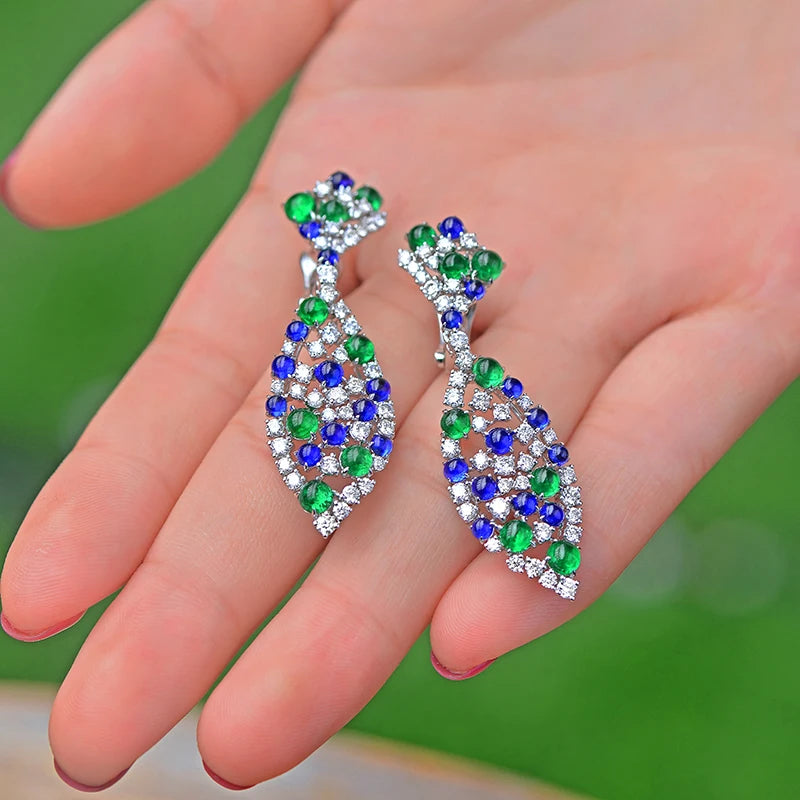 Natural 9.28ctw Cabochon Round Sapphires Emeralds and Diamonds Earrings 18kt Gold Retro English Lock For Women