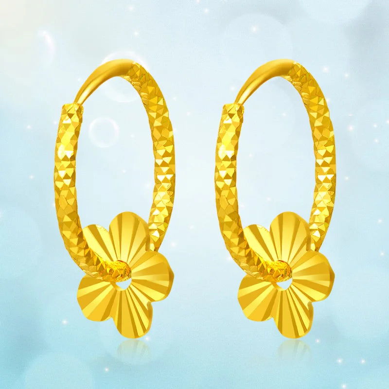 24k Pure Gold Hoop Earrings Flaky Plum Sweet Elegant And Fashion Women Classic Girl Gift 2023 New Hot Selling Real Solid