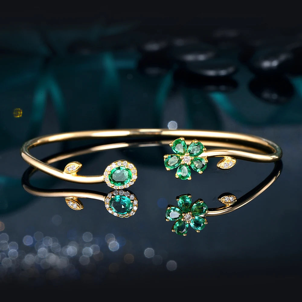 Jewelry 0.94ctw Natural Emerald Pave Diamond 18K Yellow Gold Gemstone Bracelet