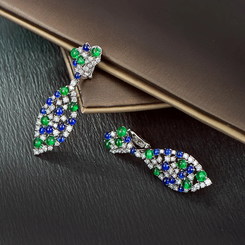 Natural 9.28ctw Cabochon Round Sapphires Emeralds and Diamonds Earrings 18kt Gold Retro English Lock For Women