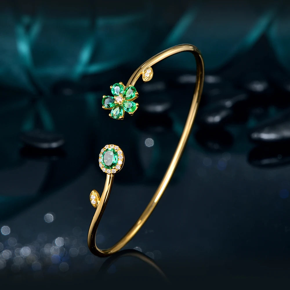 Jewelry 0.94ctw Natural Emerald Pave Diamond 18K Yellow Gold Gemstone Bracelet