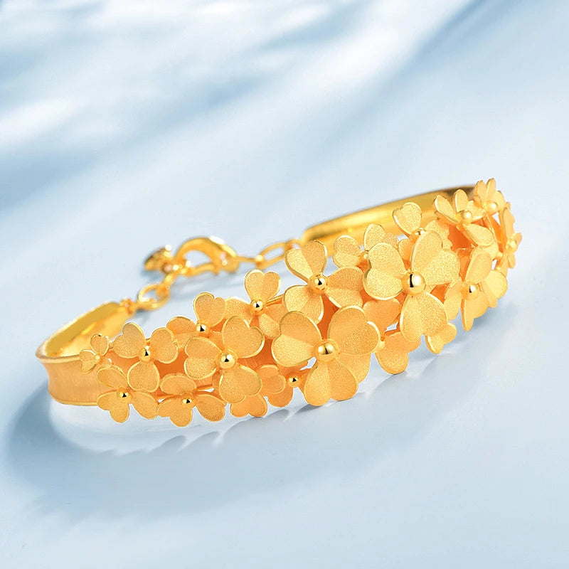24K Pure Gold Bracelet Real 999 Solid Gold Bangle Upscale Beautiful Flower Romantic  Classic Jewelry